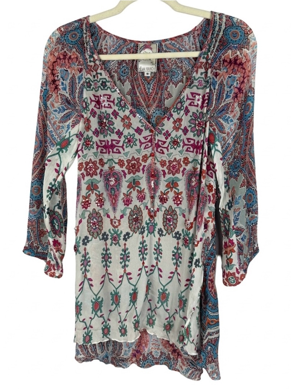 Yoana Baraschi Sequin Embellished Beaded Paisley Floral Boho Tunic Top M